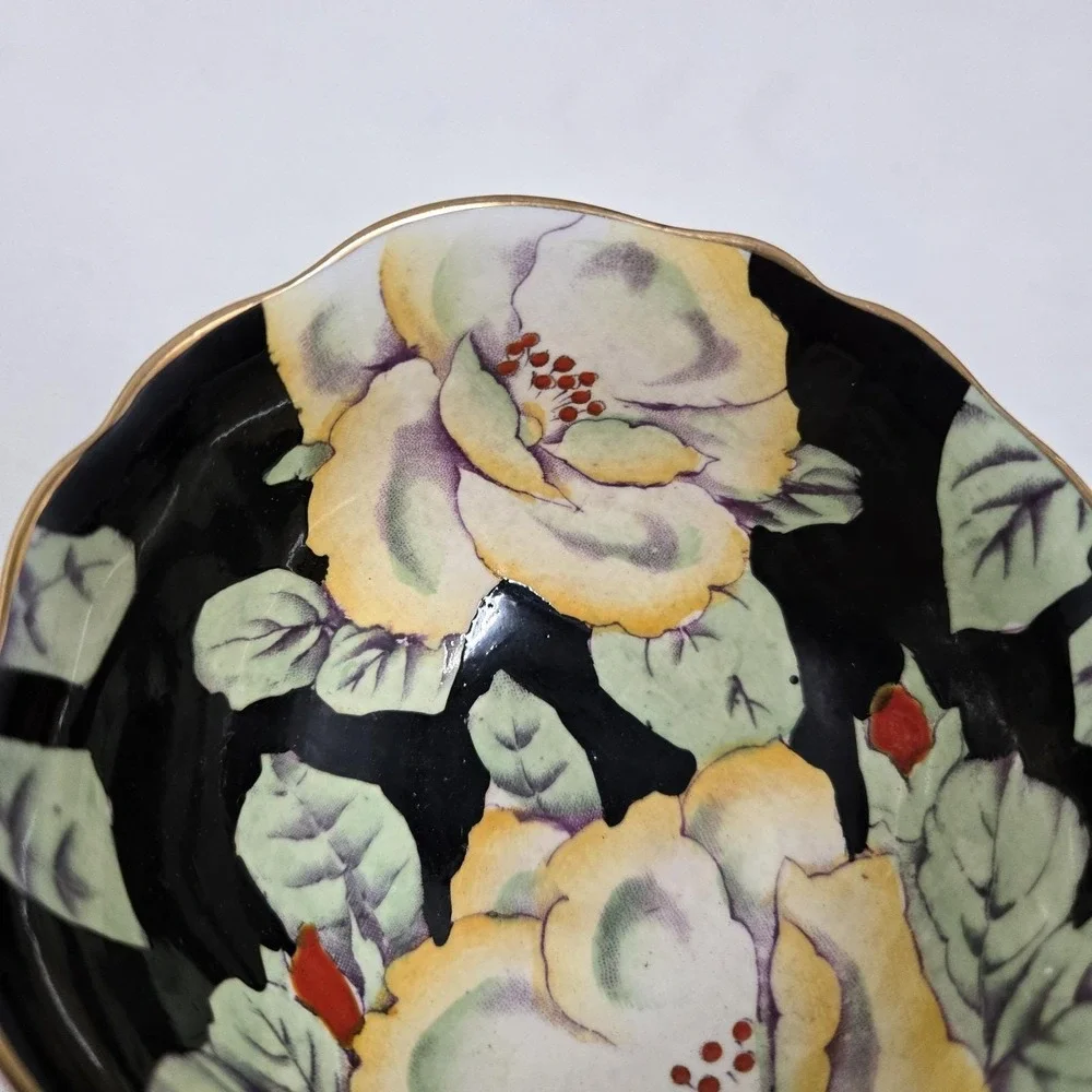 Paragon Fine Bone China Teacup & Saucer Black Yellow Hibiscus Vintage